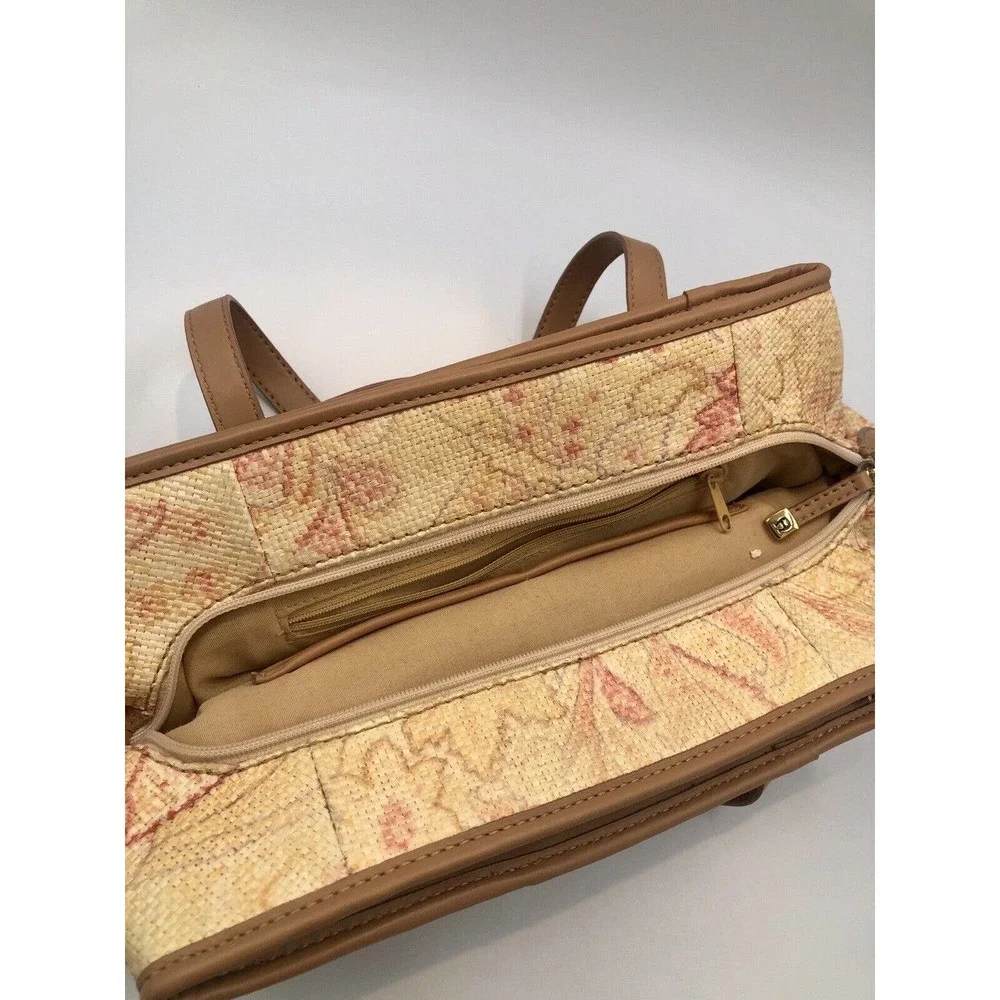 Etienne Aigner Floral Straw Hand Bag Cream Coral Camel Compartment Spring - Picture 5 of 13